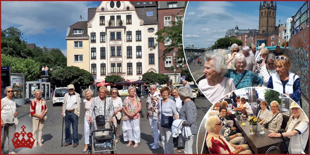 Eine Gruppe von Bewohnerinnen, die bei sommerlichem Wetter einen Ausflug in die Landeshauptstadt Düsseldorf unternehmen. Sie besuchen den Burgplatz, das Rheinufer und kehren zu einer Erfrischung in den Kasematten ein.