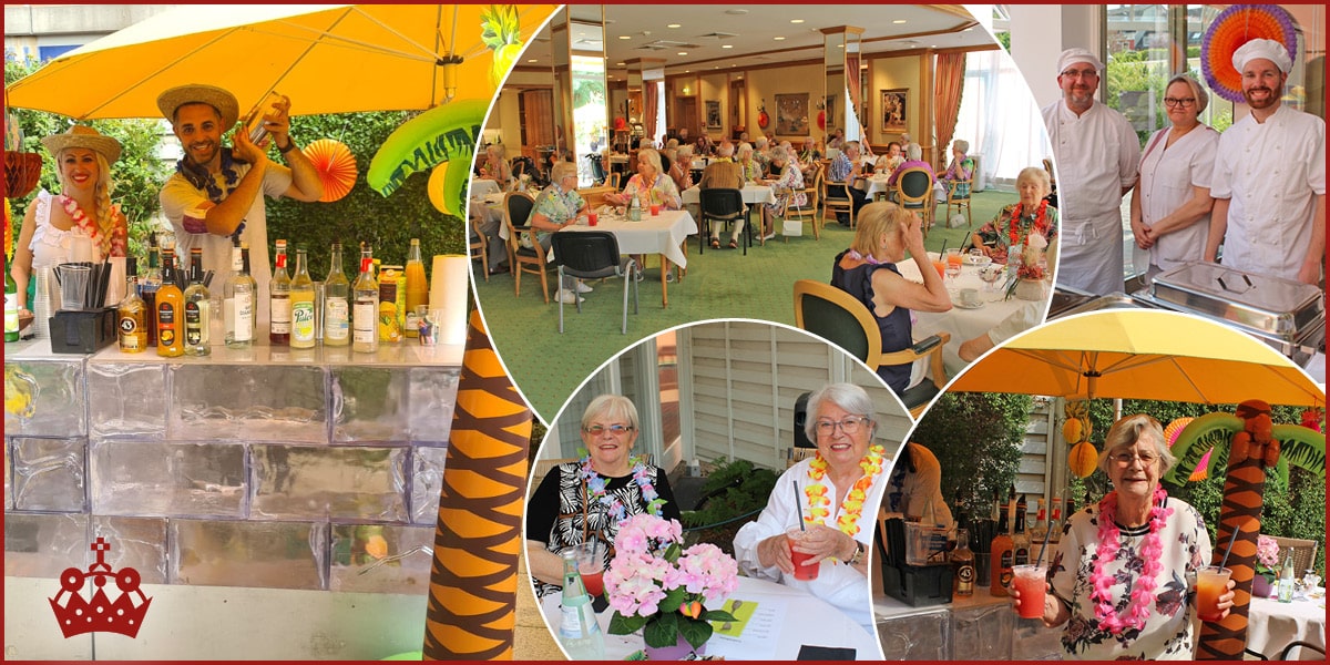 Bildercollage des Sommerfestes in der Kaiser-Otto-Residenz. Es gibt Cocktails aller Art, köstliches Essen und jede Menge Spaß.