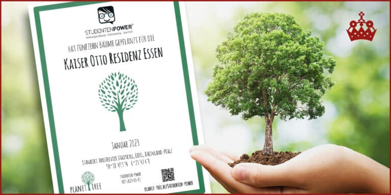 Zertifikat der Organisation Studentenpower, die im Auftrag der Residenz 15 Bäume in der Eifel gepflanzt hat.